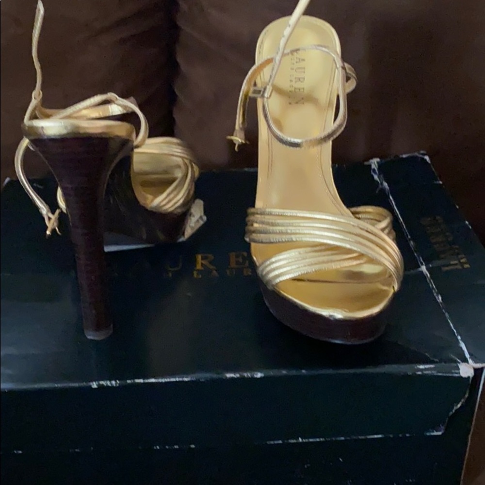 Brand new Ralph Lauren Gold sandal w/wood platform
